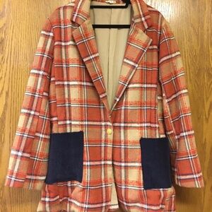 POL Women’s Multi-Colored Plaid Blazer Jacket Corduroy Pockets Oversized Size M